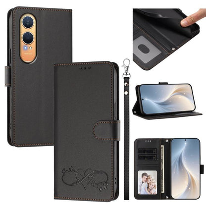 Happy Heart Pattern Magnetic Closure Vegan Leather Phone Case with Wrist Strap, For OnePlus Nord CE4 Lite 5G Global, For OnePlus Nord CE4 5G