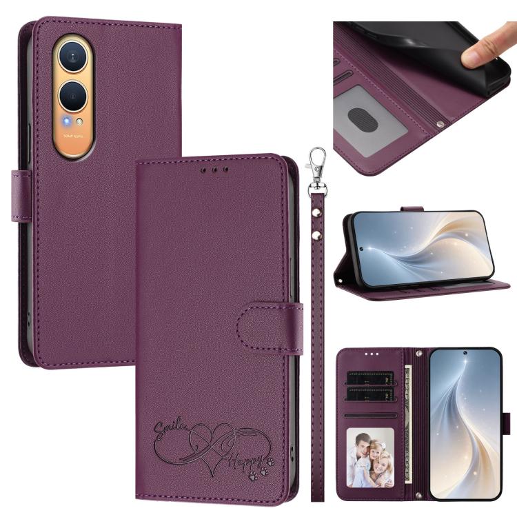 Happy Heart Pattern Magnetic Closure Vegan Leather Phone Case with Wrist Strap, For OnePlus Nord CE4 Lite 5G Global, For OnePlus Nord CE4 5G