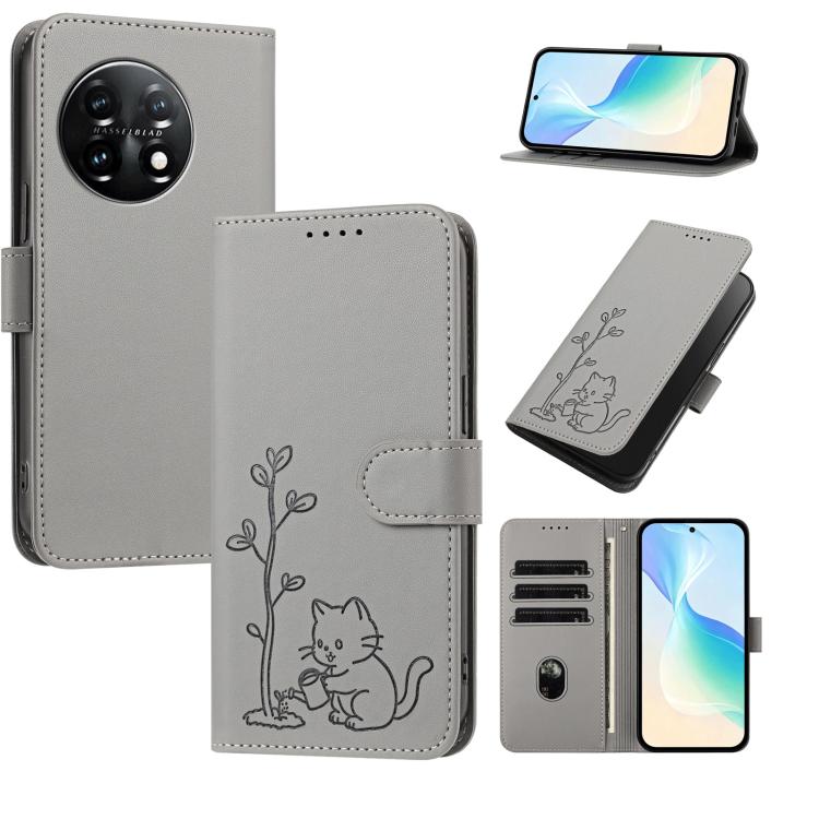 YX0014 Cat Watering Tree Buckle Vegan Leather Phone Case with Lanyard, For OnePlus Nord 3, For OnePlus 11