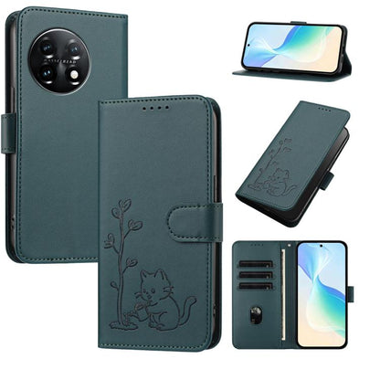 YX0014 Cat Watering Tree Buckle Vegan Leather Phone Case with Lanyard, For OnePlus Nord 3, For OnePlus 11
