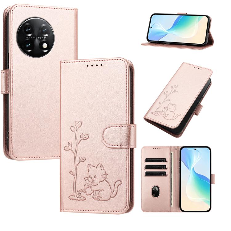 YX0014 Cat Watering Tree Buckle Vegan Leather Phone Case with Lanyard, For OnePlus Nord 3, For OnePlus 11