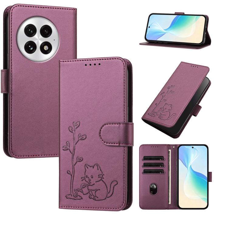 YX0014 Cat Watering Tree Buckle Vegan Leather Phone Case with Lanyard, For OnePlus 13, For OnePlus Nord 4