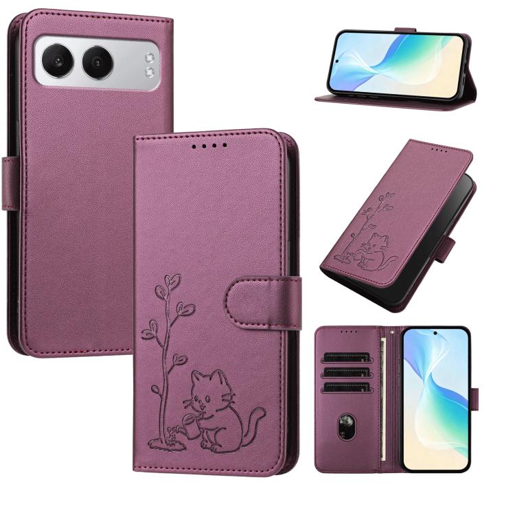 YX0014 Cat Watering Tree Buckle Vegan Leather Phone Case with Lanyard, For OnePlus 13, For OnePlus Nord 4
