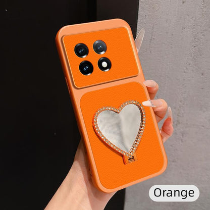 Lambskin Series Skin Feel Shockproof Phone Case with Heart Mirror Holder, For OnePlus Ace 2V, For OnePlus Ace 2, For OnePlus 11