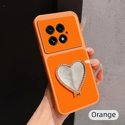 Lambskin Series Skin Feel Shockproof Phone Case with Heart Mirror Holder, For OnePlus 13T, For OnePlus Ace 5, For OnePlus 13, For OnePlus Ace 3 Pro