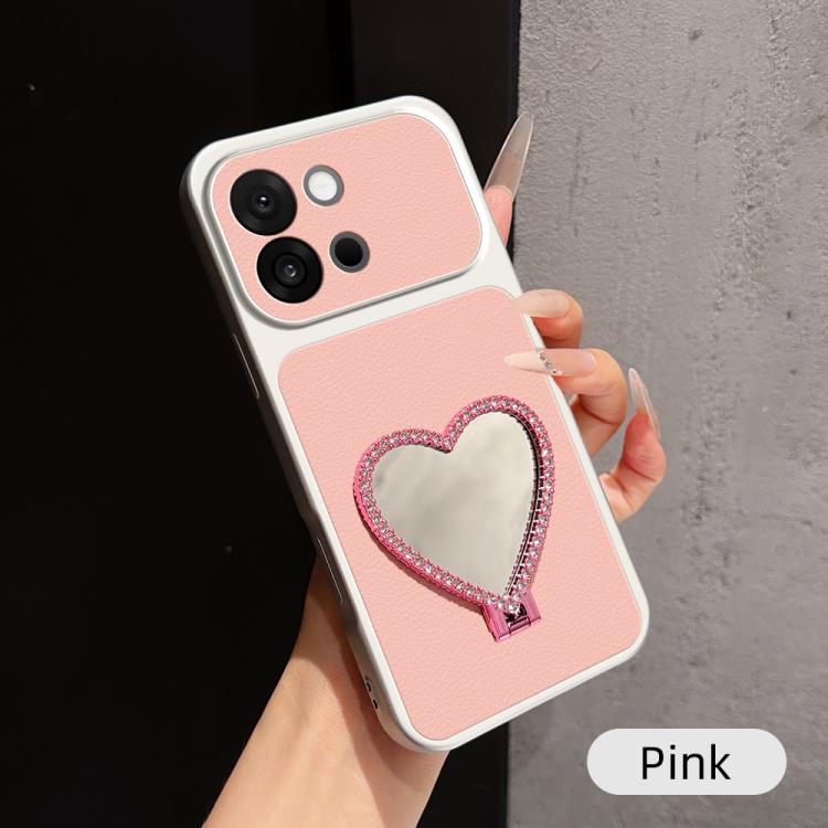 Lambskin Series Skin Feel Shockproof Phone Case with Heart Mirror Holder, For OnePlus 13T, For OnePlus Ace 5, For OnePlus 13, For OnePlus Ace 3 Pro