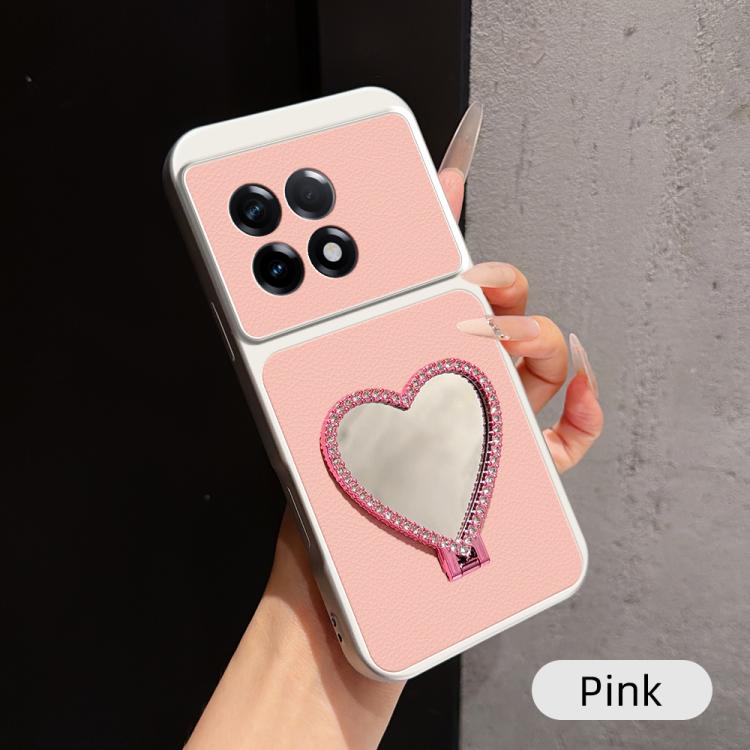 Lambskin Series Skin Feel Shockproof Phone Case with Heart Mirror Holder, For OnePlus Ace 2V, For OnePlus Ace 2, For OnePlus 11