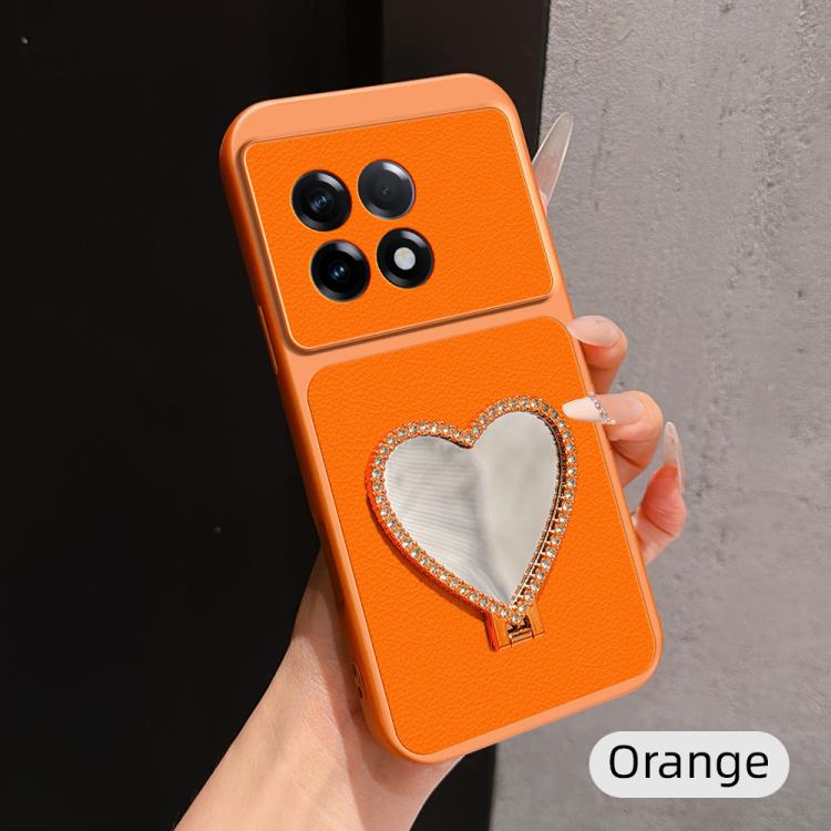 Lambskin Series Skin Feel Shockproof Phone Case with Heart Mirror Holder, For OnePlus Ace 2V, For OnePlus Ace 2, For OnePlus 11