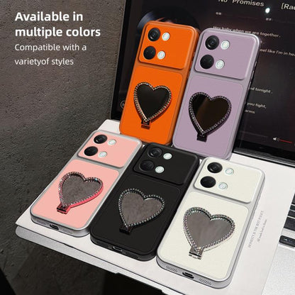 Lambskin Series Skin Feel Shockproof Phone Case with Heart Mirror Holder, For OnePlus Ace 2V, For OnePlus Ace 2, For OnePlus 11