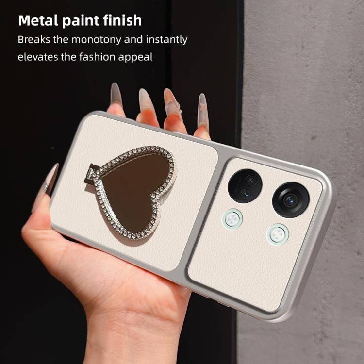 Lambskin Series Skin Feel Shockproof Phone Case with Heart Mirror Holder, For OnePlus Ace 2V, For OnePlus Ace 2, For OnePlus 11