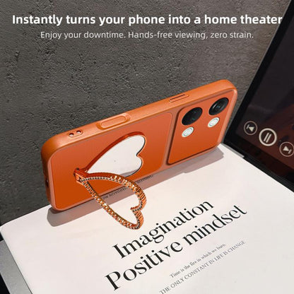 Lambskin Series Skin Feel Shockproof Phone Case with Heart Mirror Holder, For OnePlus Ace 2V, For OnePlus Ace 2, For OnePlus 11
