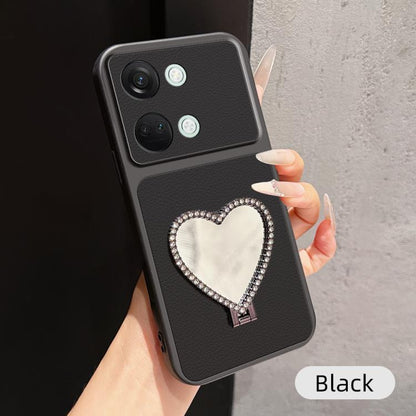 Lambskin Series Skin Feel Shockproof Phone Case with Heart Mirror Holder, For OnePlus Ace 2V, For OnePlus Ace 2, For OnePlus 11