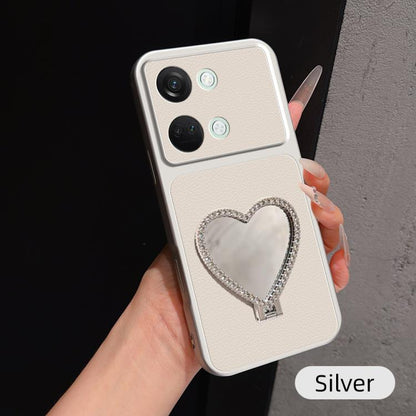 Lambskin Series Skin Feel Shockproof Phone Case with Heart Mirror Holder, For OnePlus Ace 2V, For OnePlus Ace 2, For OnePlus 11