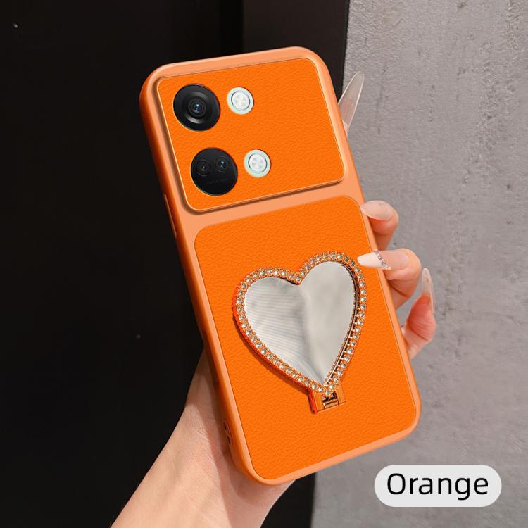 Lambskin Series Skin Feel Shockproof Phone Case with Heart Mirror Holder, For OnePlus Ace 2V, For OnePlus Ace 2, For OnePlus 11