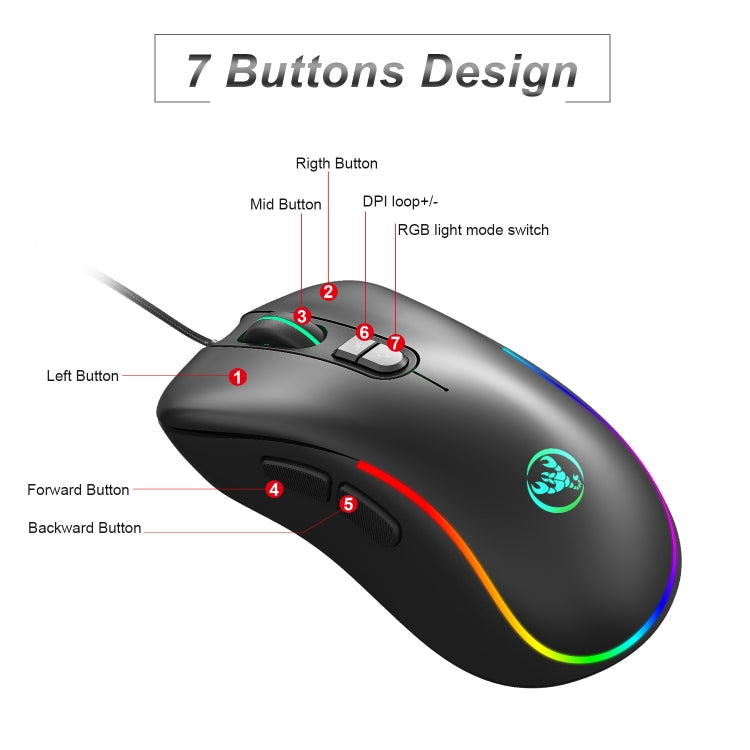 HXSJ J300 7 Keys RGB Lighting Programmable Gaming Wired Mouse, J300