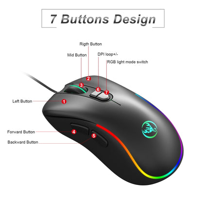 HXSJ J300 7 Keys RGB Lighting Programmable Gaming Wired Mouse, J300