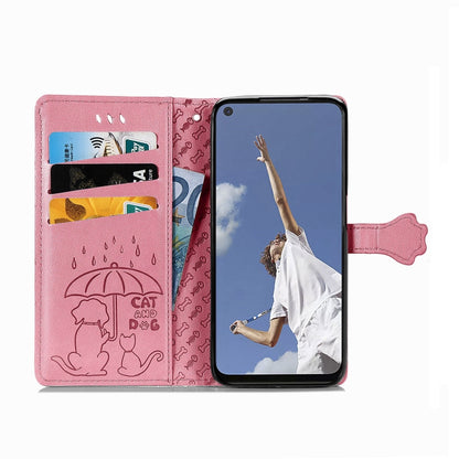 Cute Cat and Dog Embossed Horizontal Flip Leather Case with Bracket / Card Slot / Wallet / Lanyard, For OPPO A52/A72/A92
