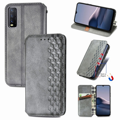 Cubic Grid Pressed Horizontal Flip Magnetic PU Leather Case with Holder & Card Slots & Wallet, For vivo Y20