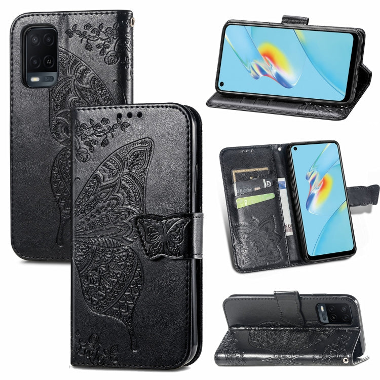 Butterfly Love Flowers Embossed Horizontal Flip Leather Case with Holder & Card Slots & Wallet & Lanyard, For OPPO A54 4G