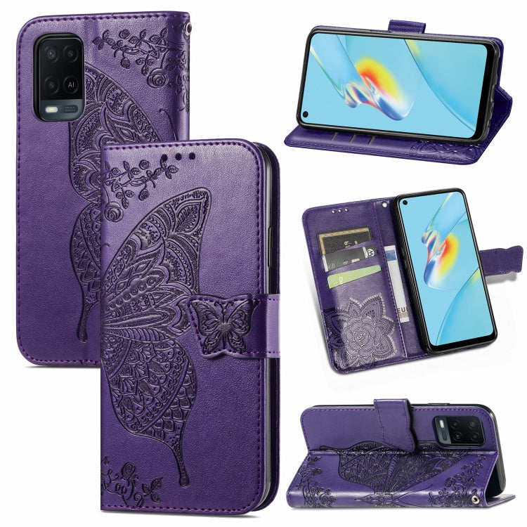 Butterfly Love Flowers Embossed Horizontal Flip Leather Case with Holder & Card Slots & Wallet & Lanyard, For OPPO A54 4G