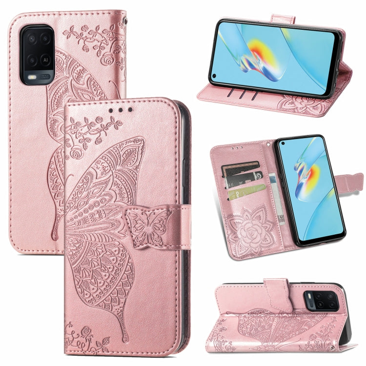 Butterfly Love Flowers Embossed Horizontal Flip Leather Case with Holder & Card Slots & Wallet & Lanyard, For OPPO A54 4G