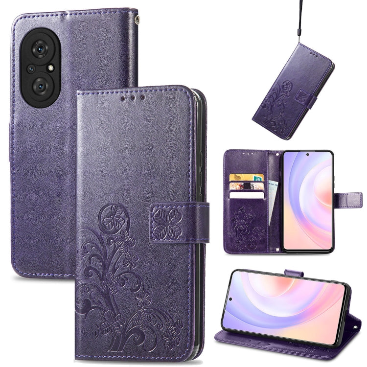 Four-leaf Clasp Embossed Buckle Mobile Phone Protection Leather Case with Lanyard & Card Slot & Wallet & Bracket Function, For vivo V21e 4G, For Honor 50 SE, For OPPO A16, For Motorola G Play