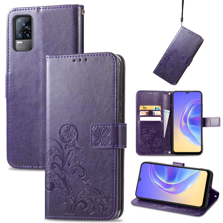 Four-leaf Clasp Embossed Buckle Mobile Phone Protection Leather Case with Lanyard & Card Slot & Wallet & Bracket Function, For vivo V21e 4G, For Honor 50 SE, For OPPO A16, For Motorola G Play