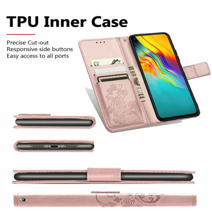 Four-leaf Clasp Embossed Buckle Mobile Phone Protection Leather Case with Lanyard & Card Slot & Wallet & Bracket Function, For Infinix Hot 10 Lite, For Infinix Hot 9