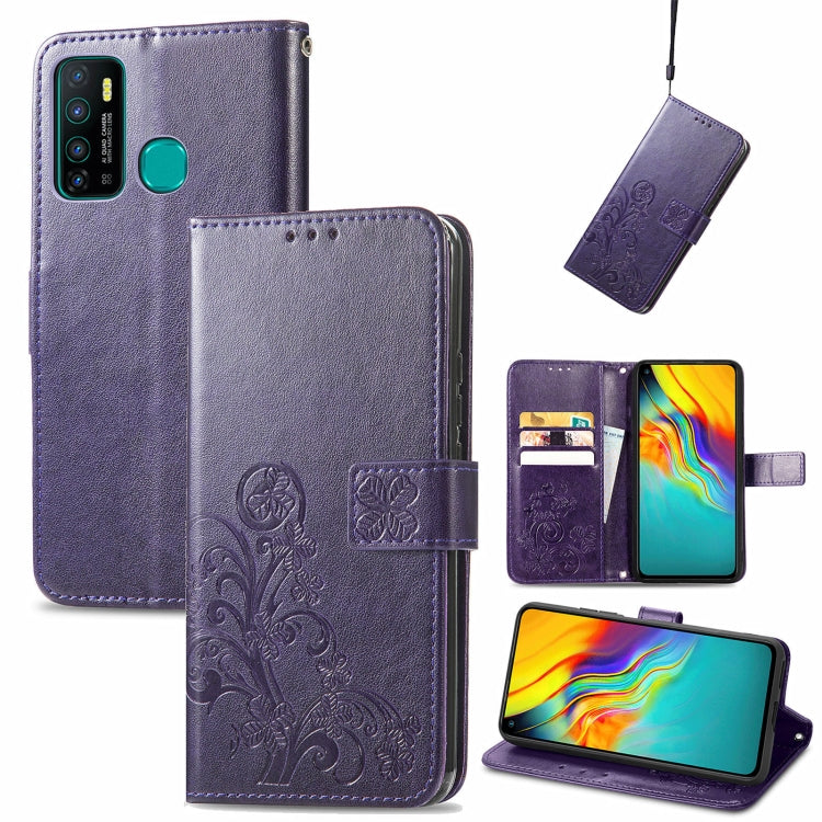 Four-leaf Clasp Embossed Buckle Mobile Phone Protection Leather Case with Lanyard & Card Slot & Wallet & Bracket Function, For Infinix Hot 10 Lite, For Infinix Hot 9