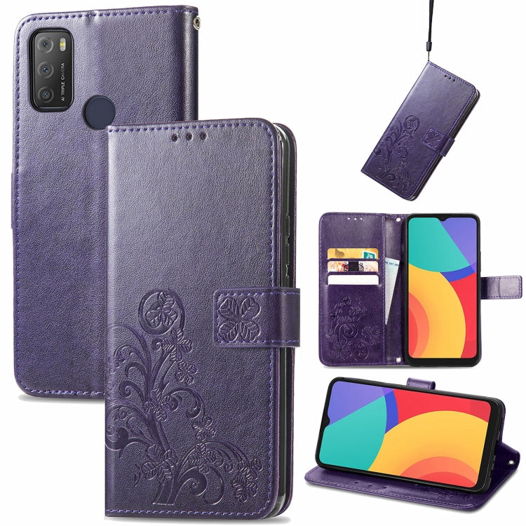 Four-leaf Clasp Embossed Buckle Mobile Phone Protection Leather Case with Lanyard & Card Slot & Wallet & Bracket Function, For Alcatel 1S 2021, For Wiko Y61, For vivo S7, For Tecno Pova 2