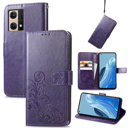 Four-leaf Clasp Embossed Buckle Leather Phone Case, For OPPO Reno7 4G