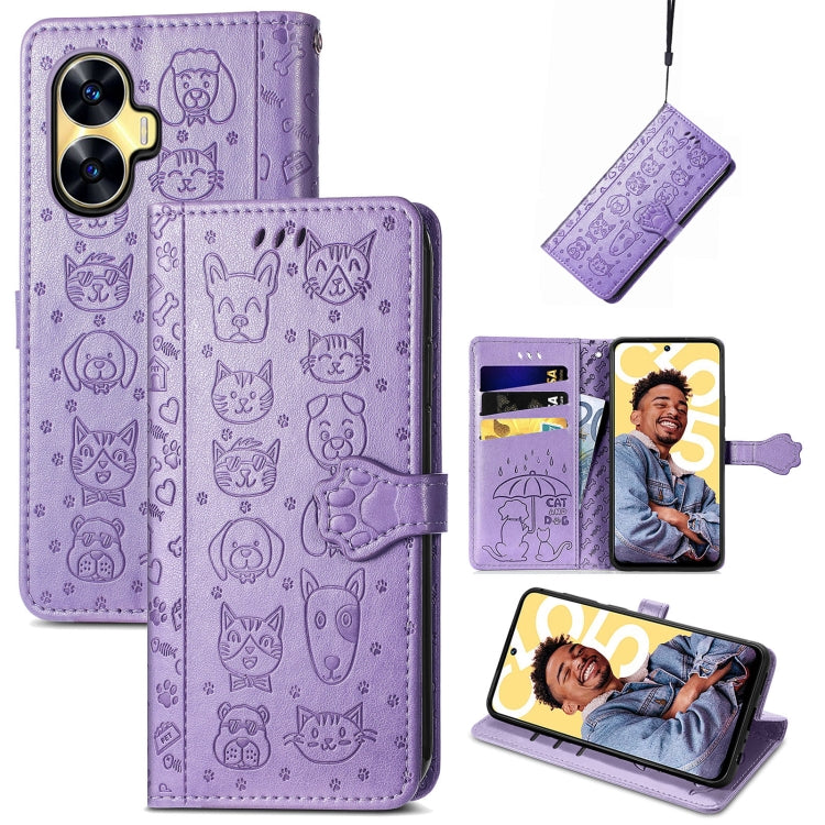 Cat and Dog Embossed Phone Leather Phone Case, For Infinix Note 12 G96, For OnePlus Ace 2, For Realme C55