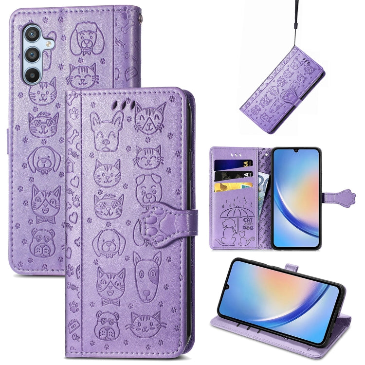 Cat and Dog Embossed Phone Leather Phone Case, For Samsung Galaxy A34 5G