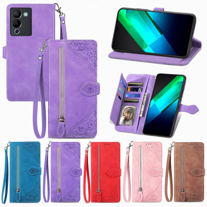 Embossed Flower Zipper Leather Phone Case, For Infinix Note 12 G96, For OnePlus Ace 2, For Tecno Pova Neo 5G, For vivo S15e