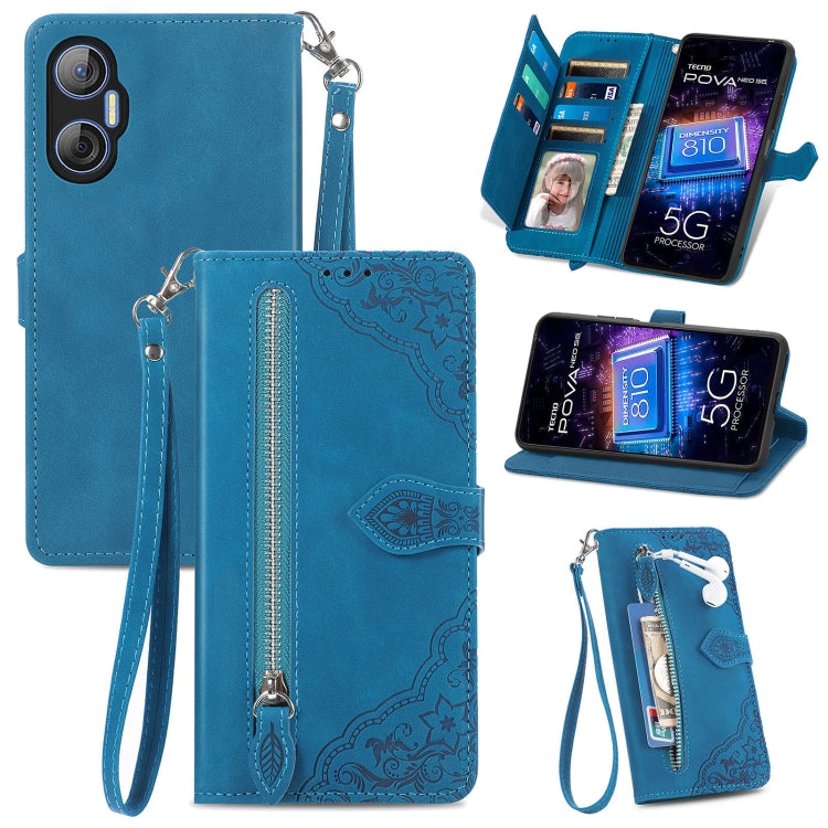 Embossed Flower Zipper Leather Phone Case, For Infinix Note 12 G96, For OnePlus Ace 2, For Tecno Pova Neo 5G, For vivo S15e