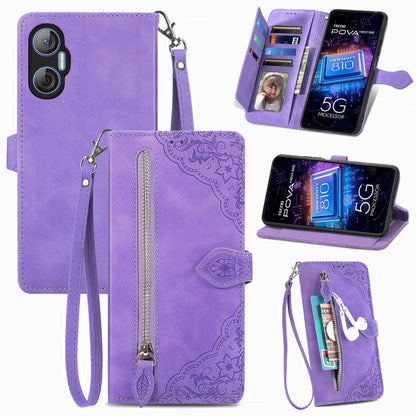 Embossed Flower Zipper Leather Phone Case, For Infinix Note 12 G96, For OnePlus Ace 2, For Tecno Pova Neo 5G, For vivo S15e