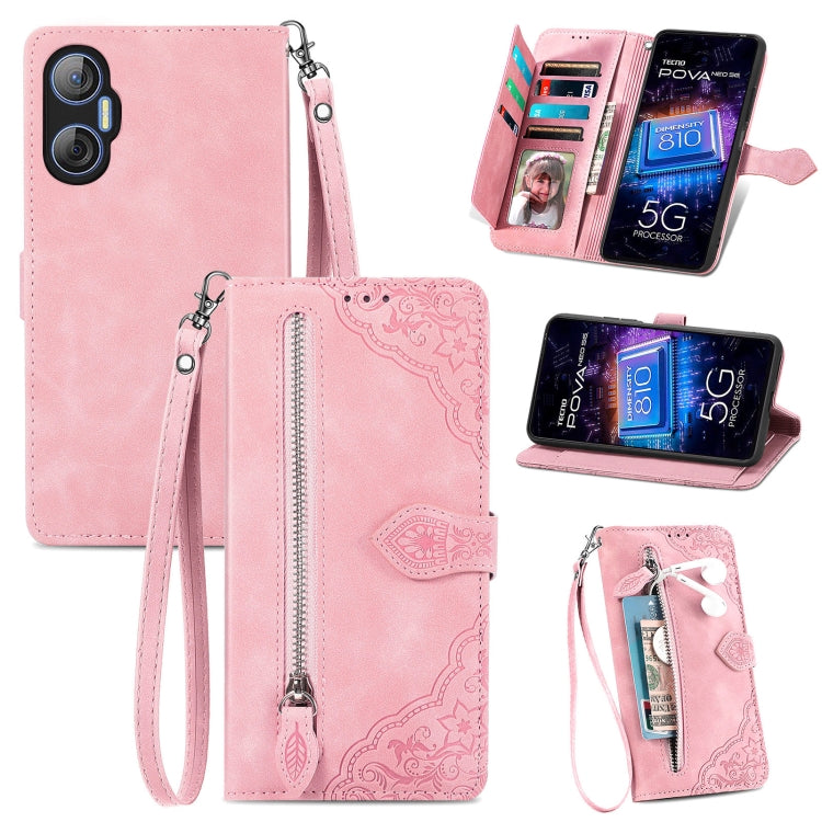 Embossed Flower Zipper Leather Phone Case, For Infinix Note 12 G96, For OnePlus Ace 2, For Tecno Pova Neo 5G, For vivo S15e