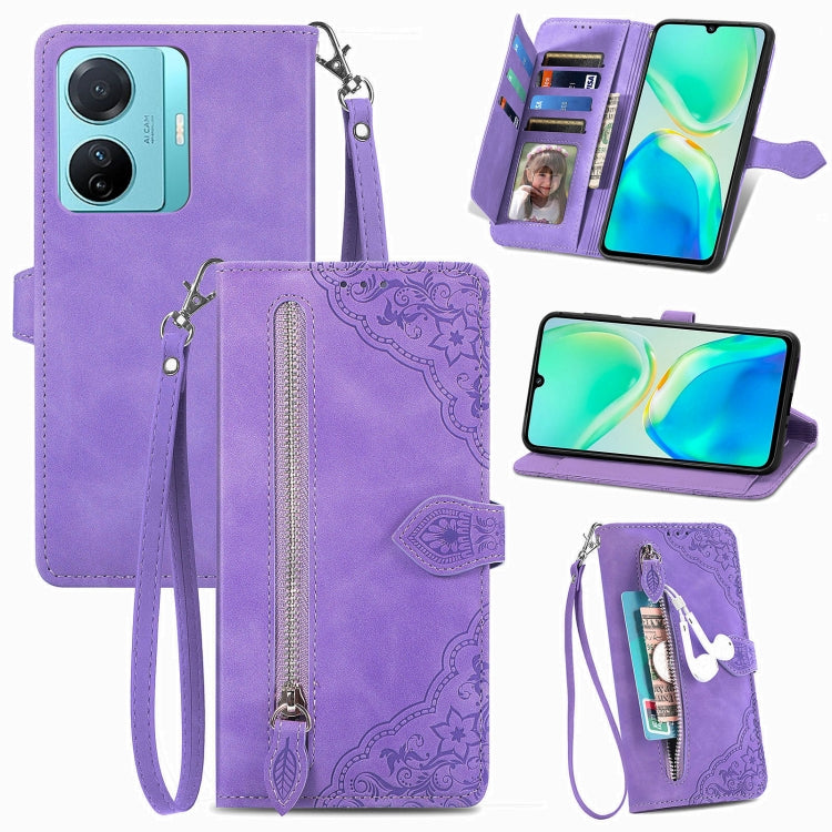 Embossed Flower Zipper Leather Phone Case, For Infinix Note 12 G96, For OnePlus Ace 2, For Tecno Pova Neo 5G, For vivo S15e