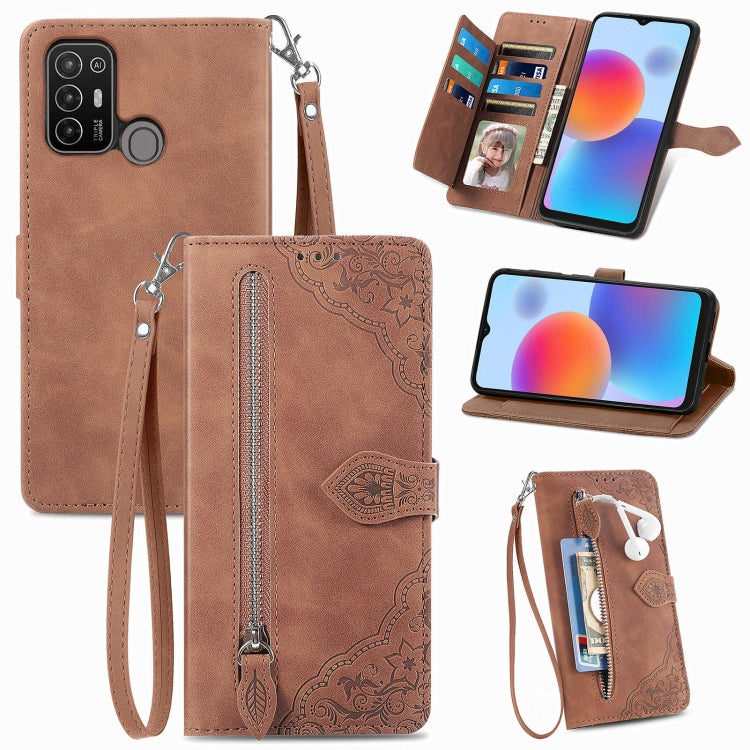 Embossed Flower Zipper Leather Phone Case, For ZTE Blade A52, For Samsung Galaxy A14 4G, For Samsung Galaxy A34 5G