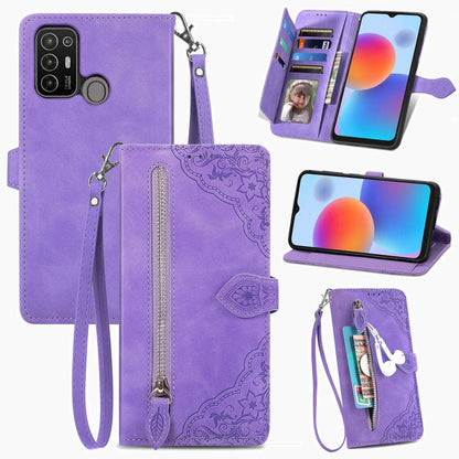 Embossed Flower Zipper Leather Phone Case, For ZTE Blade A52, For Samsung Galaxy A14 4G, For Samsung Galaxy A34 5G