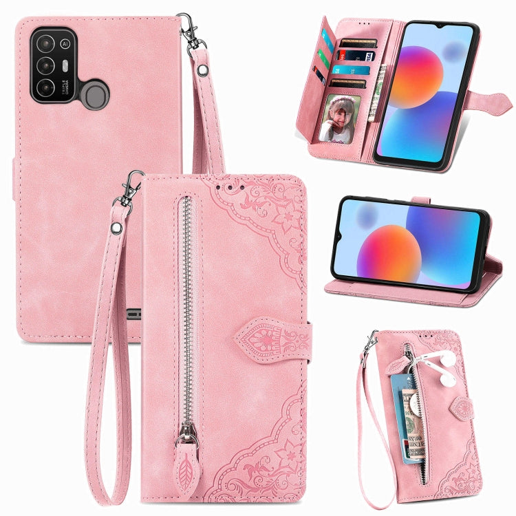 Embossed Flower Zipper Leather Phone Case, For ZTE Blade A52, For Samsung Galaxy A14 4G, For Samsung Galaxy A34 5G
