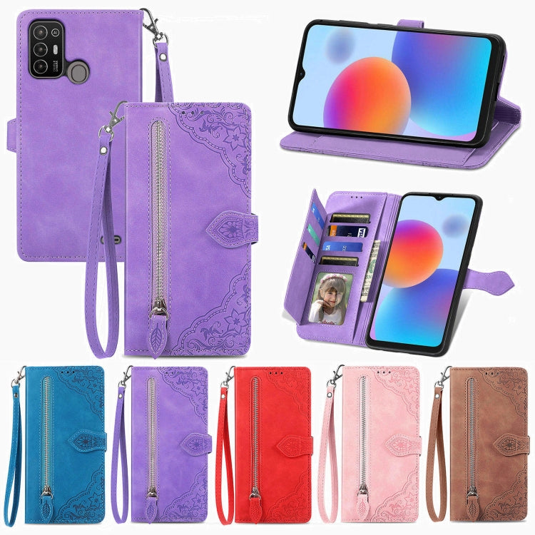 Embossed Flower Zipper Leather Phone Case, For ZTE Blade A52, For Samsung Galaxy A14 4G, For Samsung Galaxy A34 5G