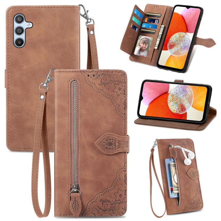 Embossed Flower Zipper Leather Phone Case, For ZTE Blade A52, For Samsung Galaxy A14 4G, For Samsung Galaxy A34 5G