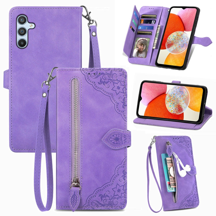 Embossed Flower Zipper Leather Phone Case, For ZTE Blade A52, For Samsung Galaxy A14 4G, For Samsung Galaxy A34 5G