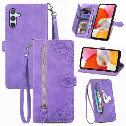 Embossed Flower Zipper Leather Phone Case, For ZTE Blade A52, For Samsung Galaxy A14 4G, For Samsung Galaxy A34 5G