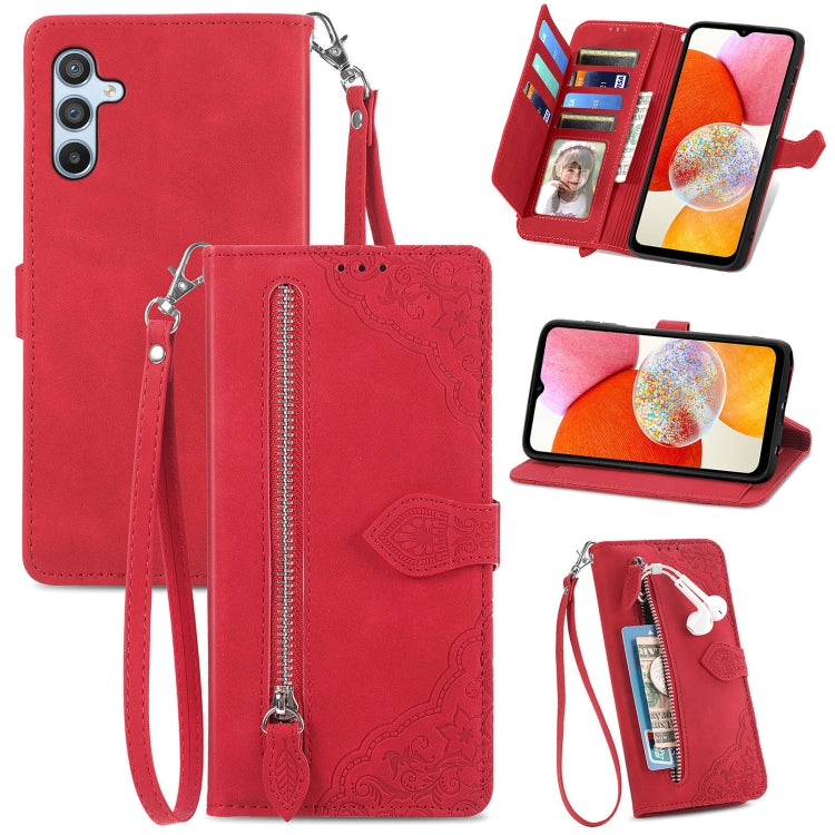 Embossed Flower Zipper Leather Phone Case, For ZTE Blade A52, For Samsung Galaxy A14 4G, For Samsung Galaxy A34 5G