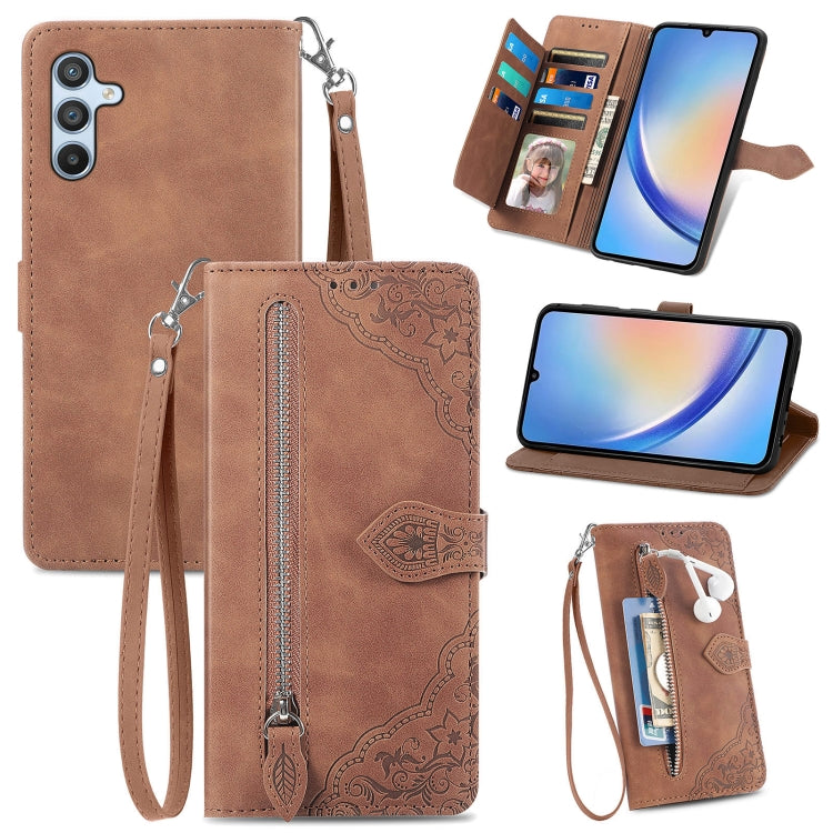 Embossed Flower Zipper Leather Phone Case, For ZTE Blade A52, For Samsung Galaxy A14 4G, For Samsung Galaxy A34 5G