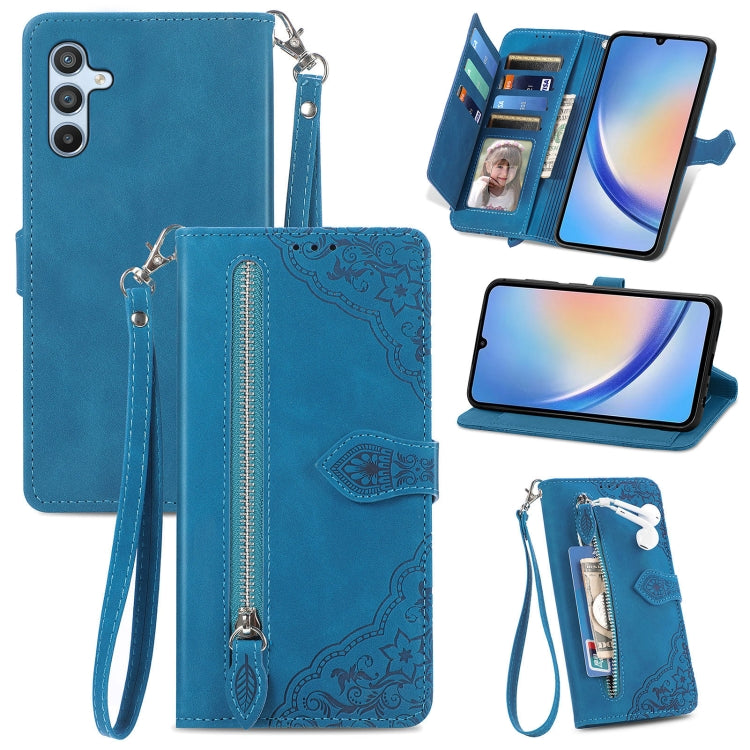 Embossed Flower Zipper Leather Phone Case, For ZTE Blade A52, For Samsung Galaxy A14 4G, For Samsung Galaxy A34 5G