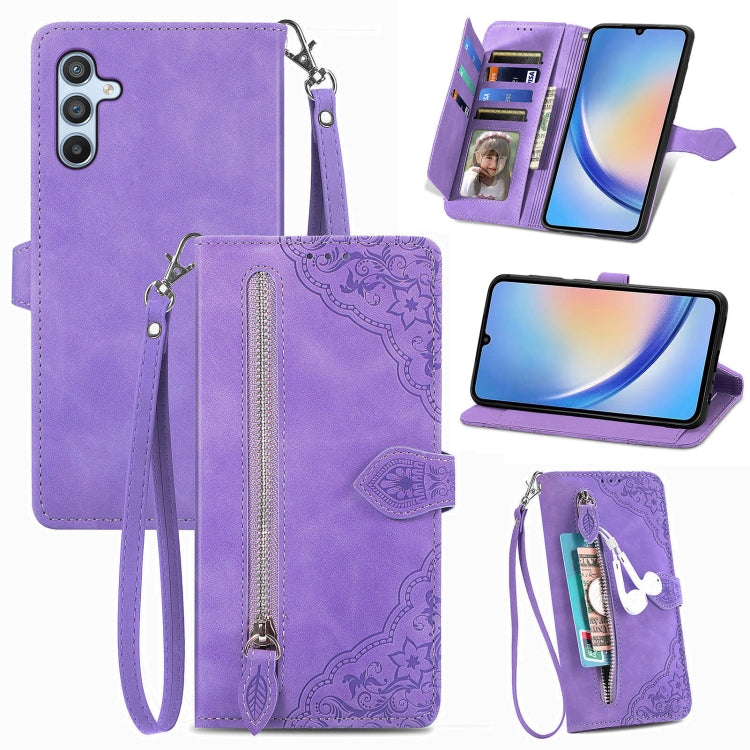 Embossed Flower Zipper Leather Phone Case, For ZTE Blade A52, For Samsung Galaxy A14 4G, For Samsung Galaxy A34 5G
