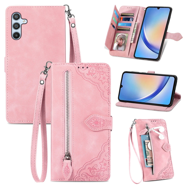 Embossed Flower Zipper Leather Phone Case, For ZTE Blade A52, For Samsung Galaxy A14 4G, For Samsung Galaxy A34 5G